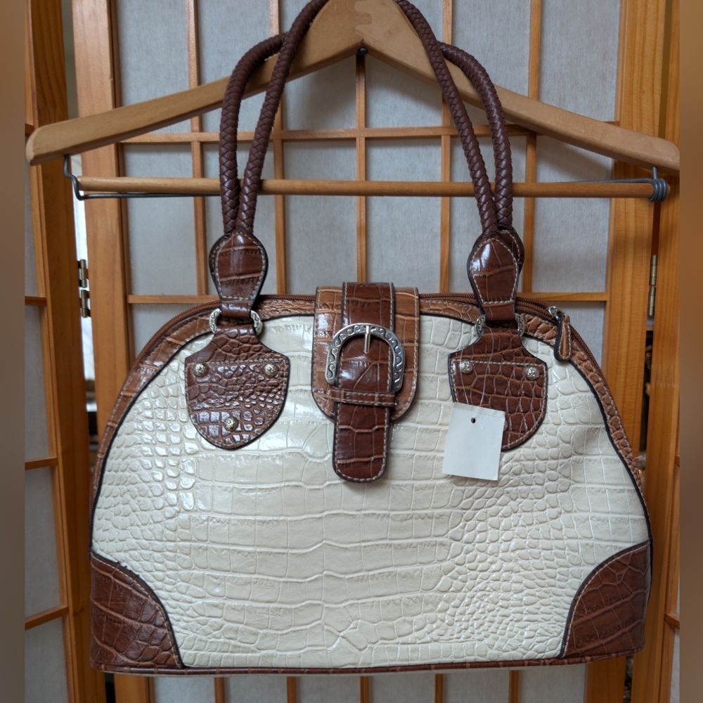NEW Y2K Western Buckle Satchel Cream Croc Embossed Purse Retro Glam Bag NWT